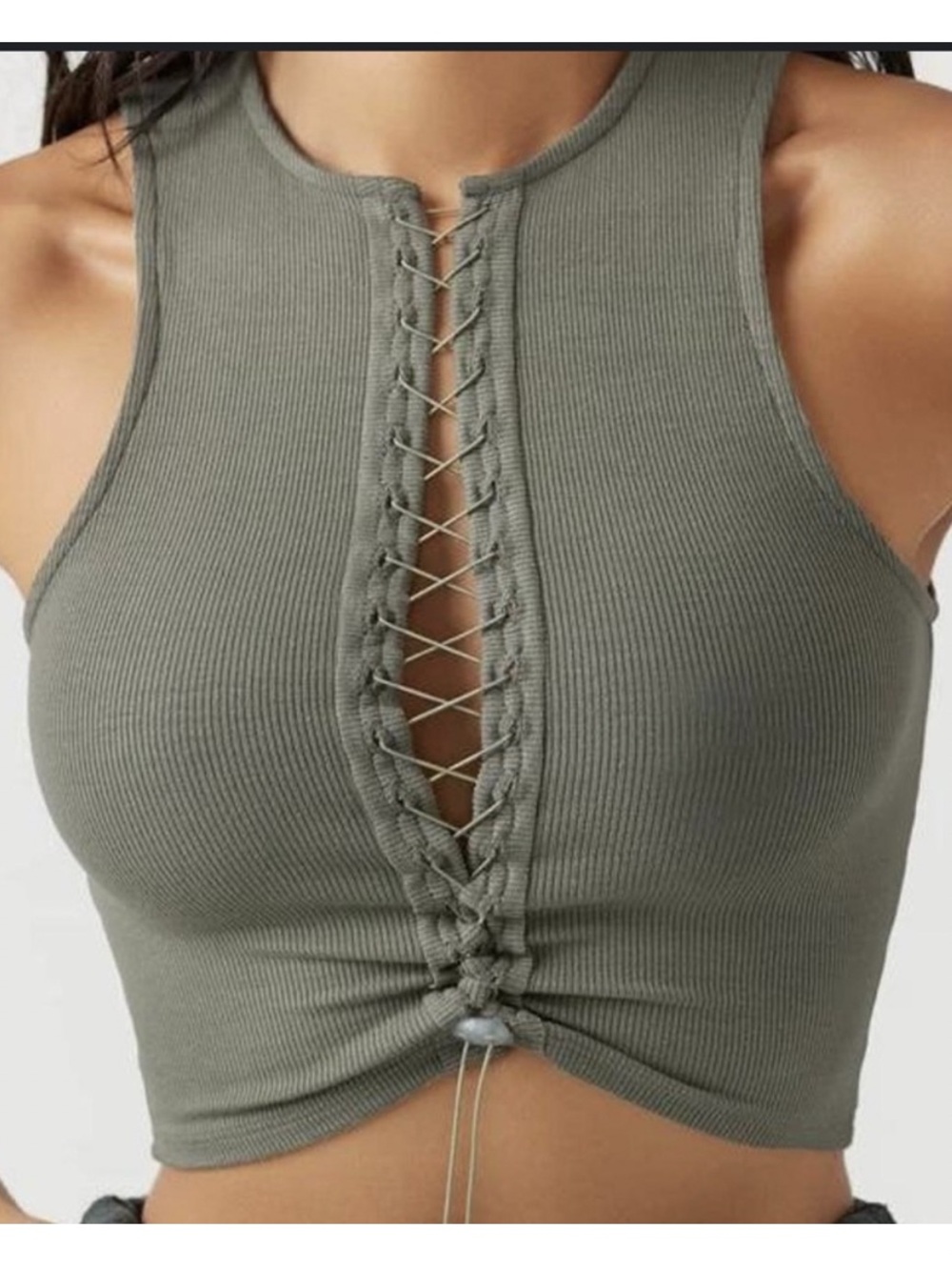 โก Joah Brown Lace-Up Crop Top Sage FlexRib